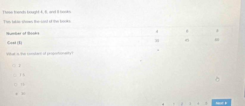 Three friends bought 4, 6, and 8 books
This table shows the cost of the books.
Number of Books
4 6 B
Cost ($)
30 45 60
What is the constant of proportionality?
2
7 5
15
30
4 1 2 3 4 5 Next