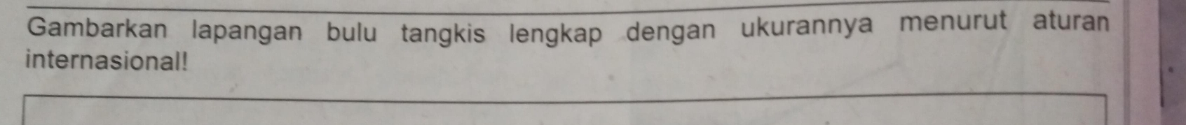 Gambarkan lapangan bulu tangkis lengkap dengan ukurannya menurut aturan 
internasional!