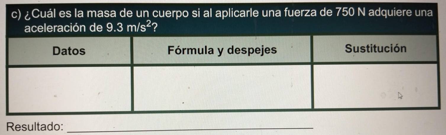 ¿Cuál es la masa de un cuerpo si al aplicarle una fuerza de 750 N adquiere una 
aceleración de 9.3m/s^2 ? 
Resultado:_