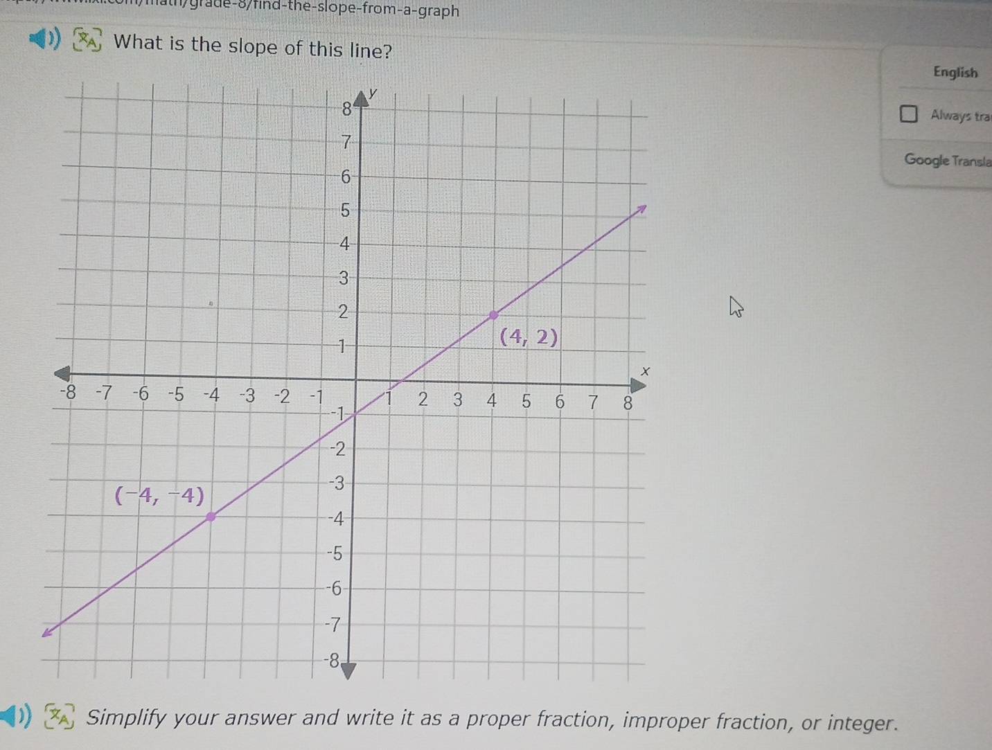 math/grade-8/find-the-slope-from-a-graph
What is the slope of this line?
English
Always tra
Google Transla
Simplify your answer and write it as a proper fraction, improper fraction, or integer.