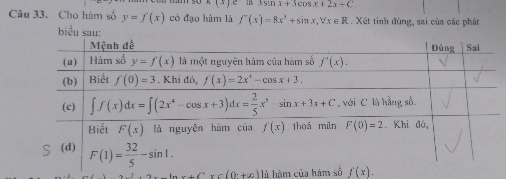 k(x).e la 3sin x+3cos x+2x+C
Câu 33. Cho hàm số y=f(x) có đạo hàm là f'(x)=8x^3+sin x,forall x∈ R. Xét tính đúng, sai của các phát
2x^2+2x-ln x+Cx∈ (0^.+∈fty ) là hàm của hàm số f(x).