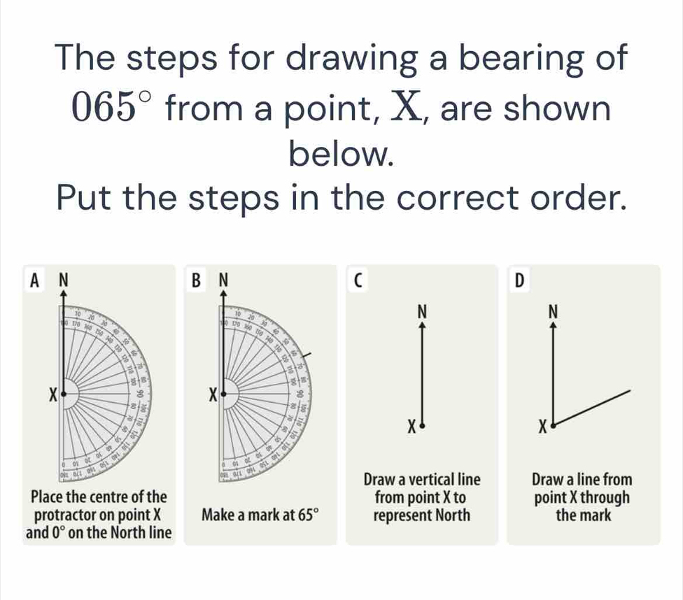 The steps for drawing a bearing of
065° from a point, X, are shown 
below. 
Put the steps in the correct order. 
A 
B N
( 
D
10 26
N
N
14 170 160 80 ω
32
4
a 
a
3
s a
X
8
8 is
z
a
x
56 s
x
6 a 
a an 
of 051
c a o
Draw a vertical line Draw a line from 
Place the centre of the from point X to point X through 
protractor on point X Make a mark at 65° represent North the mark 
and 0° on the North line