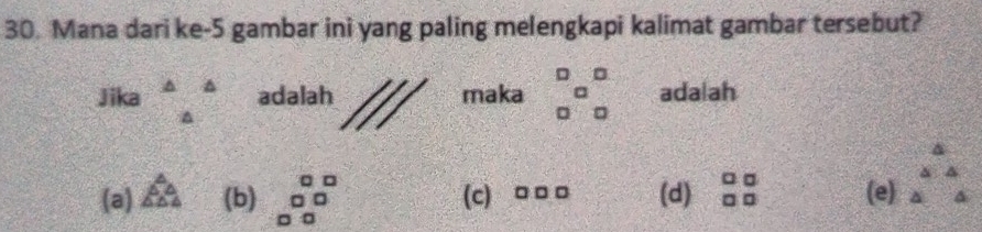 Mana dari ke- 5 gambar ini yang paling melengkapi kalimat gambar tersebut?
Jika beginarrayr △  △ endarray adalah maka _0 0__(□)^(□) ada|ah
(a) △ _△ A (b) beginarrayr 0□  0□  □ □ endarray (c) □□。 (d) beginarrayr □ □  □ □ endarray (e) beginarrayr △  △  △ A △