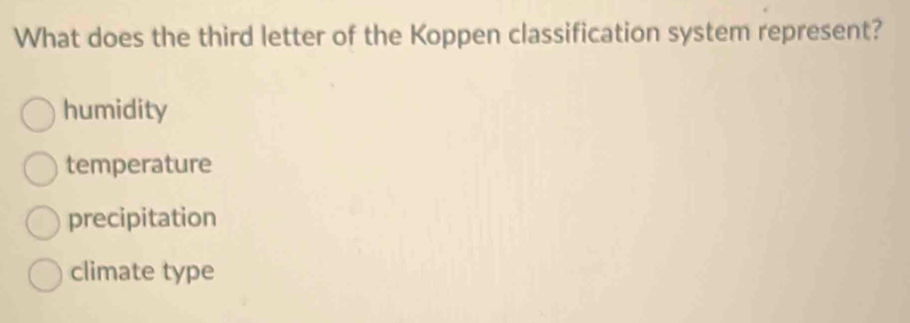 Solved: What does the third letter of the Koppen classification system ...