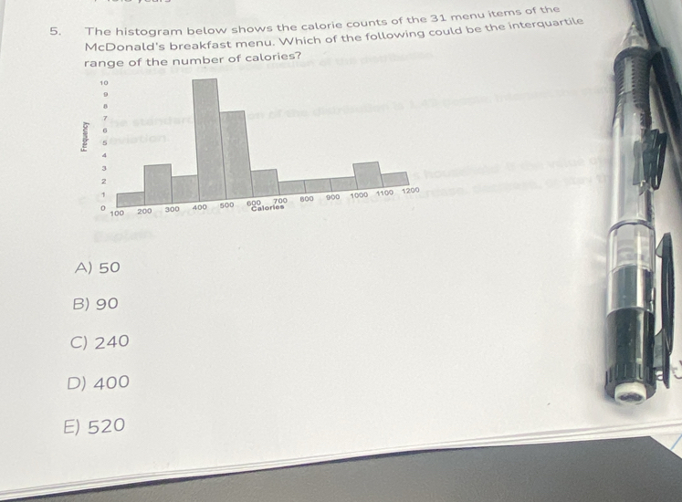 The histogram below shows the calorie counts of the 31 menu items of the
McDonald's breakfast menu. Which of the following could be the interquartile
range of the number of calories?
A) 50
B) 90
C) 240
D) 400
E) 520