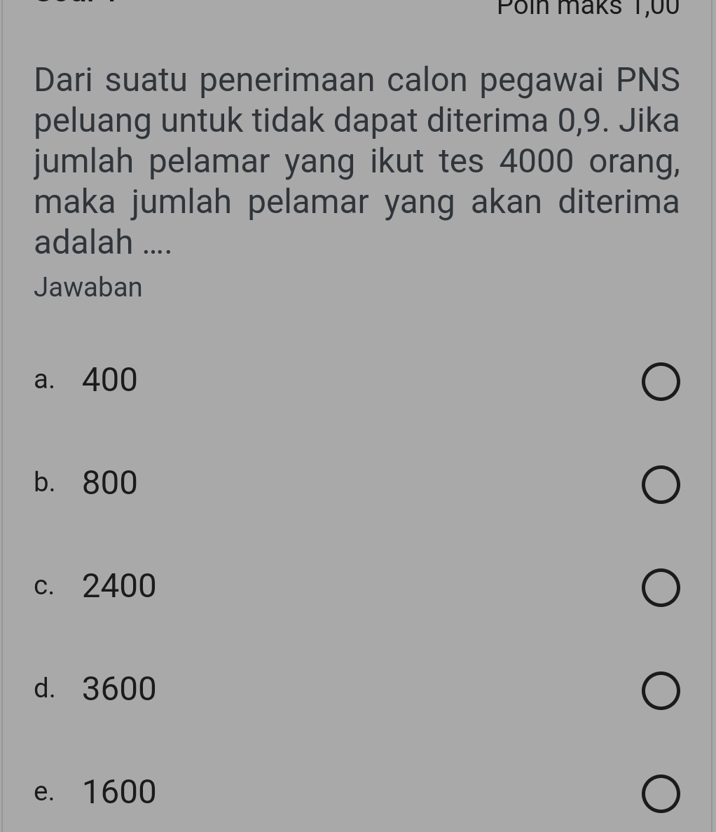 Poln maks 1,0
Dari suatu penerimaan calon pegawai PNS
peluang untuk tidak dapat diterima 0, 9. Jika
jumlah pelamar yang ikut tes 4000 orang,
maka jumlah pelamar yang akan diterima
adalah ....
Jawaban
a. 400
b. 800
c. 2400
d. 3600
e. 1600