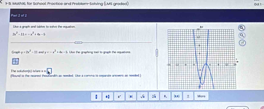 1-5; MathXL for School: Practice and Problem-Solving (LMS graded) Oct 1 
Part 2 of 2 
Use a graph and tables to solve the equation.
2x^2-11=-x^2+4x-5
Graph y=2x^2-11 and y=-x^2+4x-5 Use the graphing tool to graph the equations. 
The solution(s) is/are x approx □ 
(Round to the nearest thous andth as needed. Use a comma to separate answers as needed.) 
sqrt(□ ) sqrt[4](8).. (0,1) + More