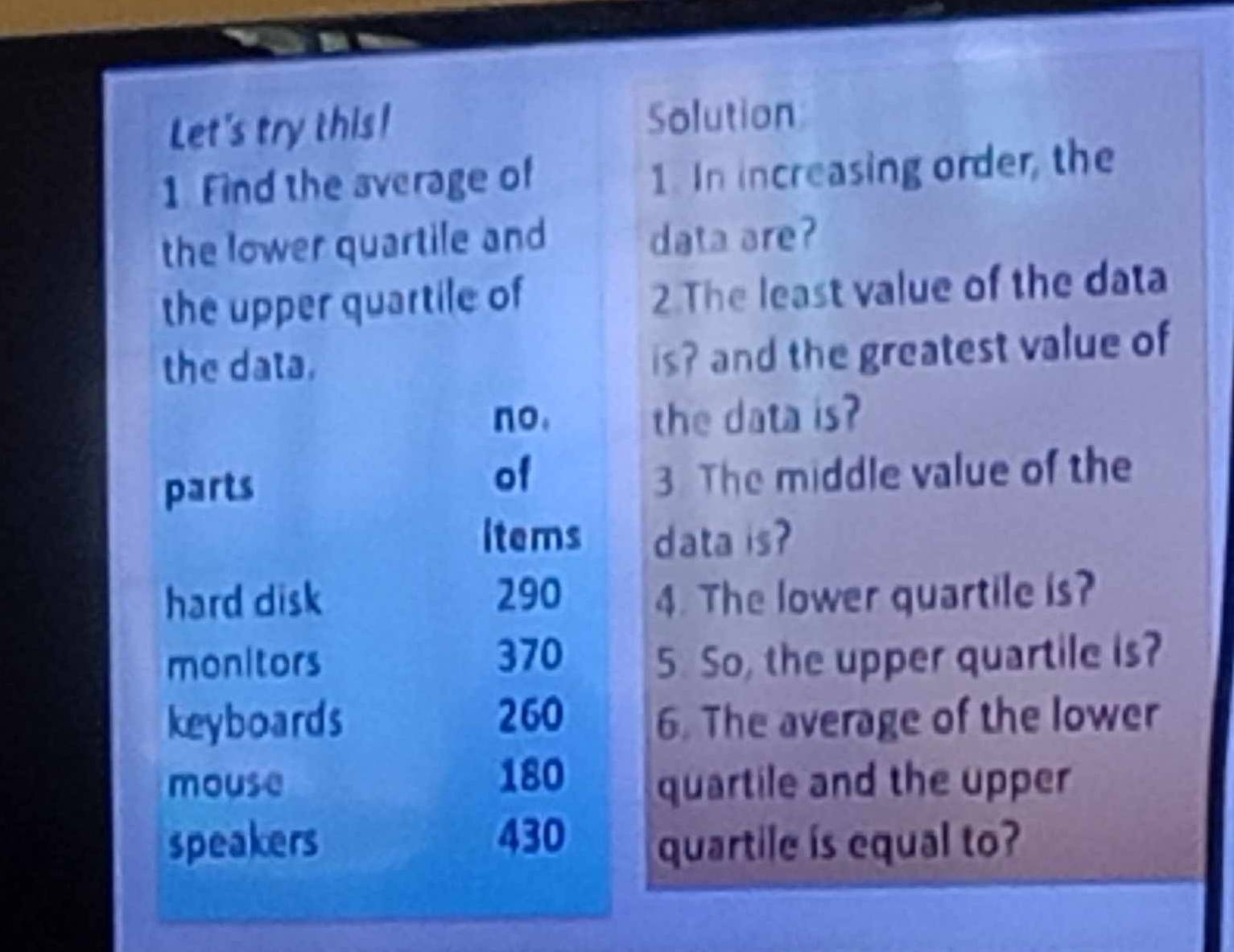 Let's try this! Solution 
1 Find the average of 
1. In increasing order, the 
the lower quartile and data are? 
the upper quartile of 
2 The least value of the data 
the data. 
is? and the greatest value of 
no. the data is? 
of 
parts 3 The middle value of the 
items data is? 
hard disk 290 4. The lower quartile is?
370
monitors 5. So, the upper quartile is? 
keyboards 260 6. The average of the lower
180
mouse quartile and the upper 
speakers 430 quartile is equal to?