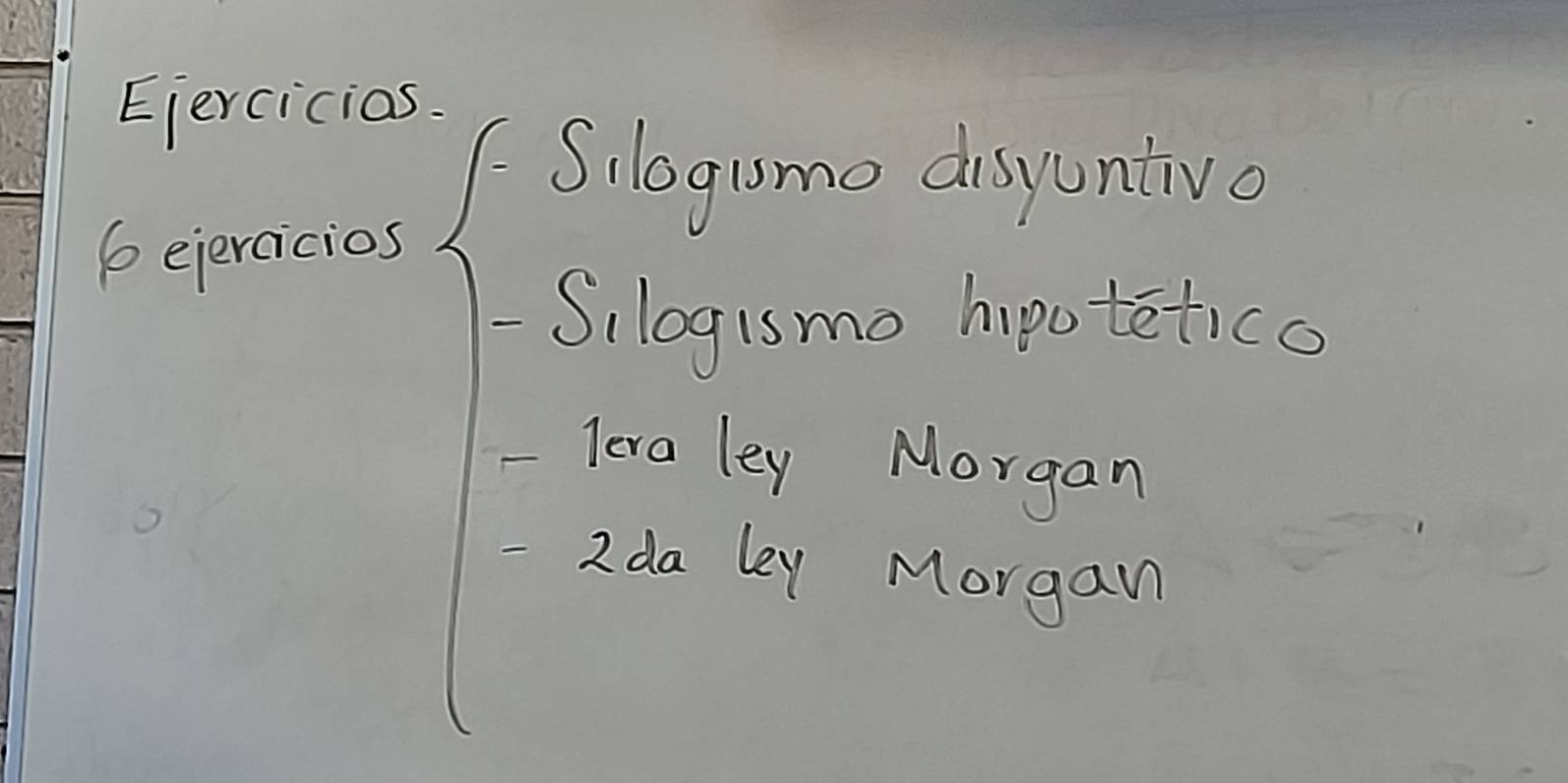 Ejercicias. 
. S logume disyuntivo 
6eiercicios 
-Silogis mo hipotetico 
lera ley Morgan 
- I da ley Morgan