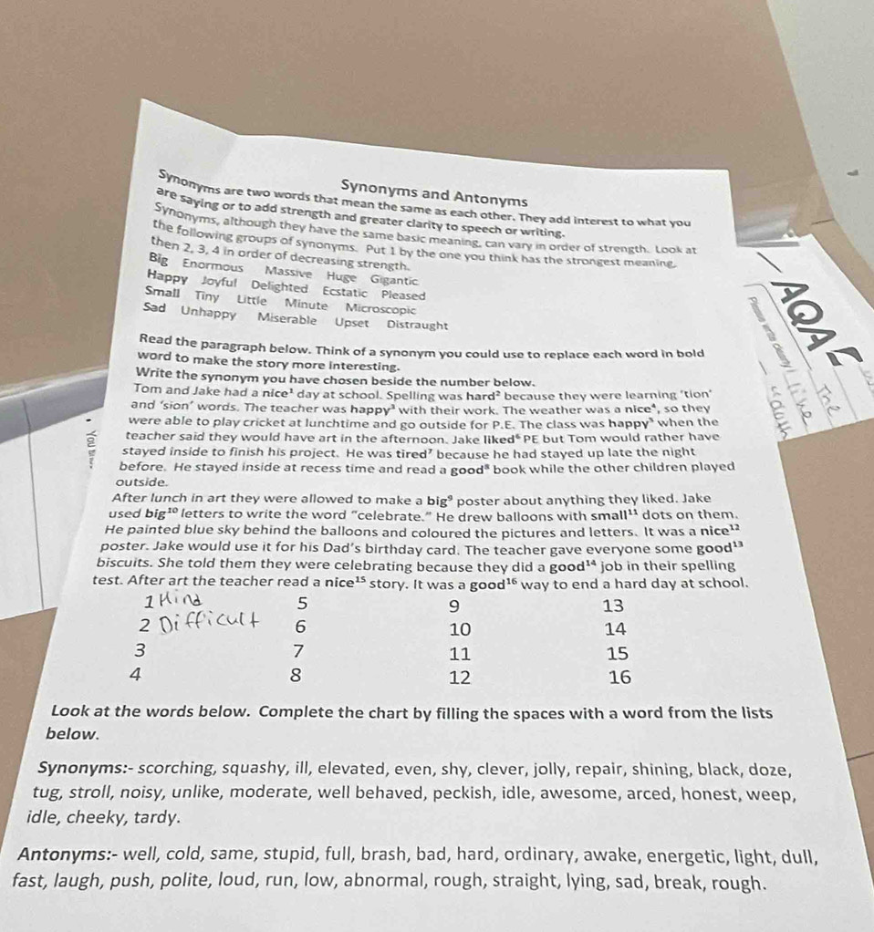 Synonyms and Antonyms
Synonyms are two words that mean the same as each other. They add interest to what you
are saying or to add strength and greater clarity to speech or writing.
Synonyms, although they have the same basic meaning, can vary in order of strength. Look at
the following groups of synonyms. Put 1 by the one you think has the strongest meaning,
then 2, 3, 4 in order of decreasing strength.
Big Enormous Massive Huge Gigantic
Happy Joyful Delighted Ecstatic Pleased
Small Tiny Little Minute Microscopi
Sad Unhappy Miserable Upset Distraught
Read the paragraph below. Think of a synonym you could use to replace each word in bold
word to make the story more interesting.
   
Write the synonym you have chosen beside the number below.
Tom and Jake had a nice^1 day at school. Spelling was har d^2 because they were learning 'tion'
and ‘sion’ words. The teacher was happy’ with their work. The weather was a nice⁴, so they
were able to play cricket at lunchtime and go outside for P.E. The class was hap PV when the
teacher said they would have art in the afternoon. Jake liked* PE but Tom would rather have
stayed inside to finish his project. He was tired’ because he had stayed up late the night
before. He stayed inside at recess time and read a g ood^5 book while the other children played 
outside.
After lunch in art they were allowed to make a big^9 poster about anything they liked. Jake
used b g^(10) letters to write the word "celebrate." He drew balloons with small¹' dots on them.
He painted blue sky behind the balloons and coloured the pictures and letters. It was a ice^(12)
poster. Jake would use it for his Dad’s birthday card. The teacher gave everyone some good^(13)
biscuits. She told them they were celebrating because they did a good¹⁴ job in their spelling
test. After art the teacher read a nice¹ story. It was a good^(16) way to end a hard day at school.
1
5
9
13
2
6
10
14
3
7
11
15
4
8
12
16
Look at the words below. Complete the chart by filling the spaces with a word from the lists
below.
Synonyms:- scorching, squashy, ill, elevated, even, shy, clever, jolly, repair, shining, black, doze,
tug, stroll, noisy, unlike, moderate, well behaved, peckish, idle, awesome, arced, honest, weep,
idle, cheeky, tardy.
Antonyms:- well, cold, same, stupid, full, brash, bad, hard, ordinary, awake, energetic, light, dull,
fast, laugh, push, polite, loud, run, low, abnormal, rough, straight, lying, sad, break, rough.
