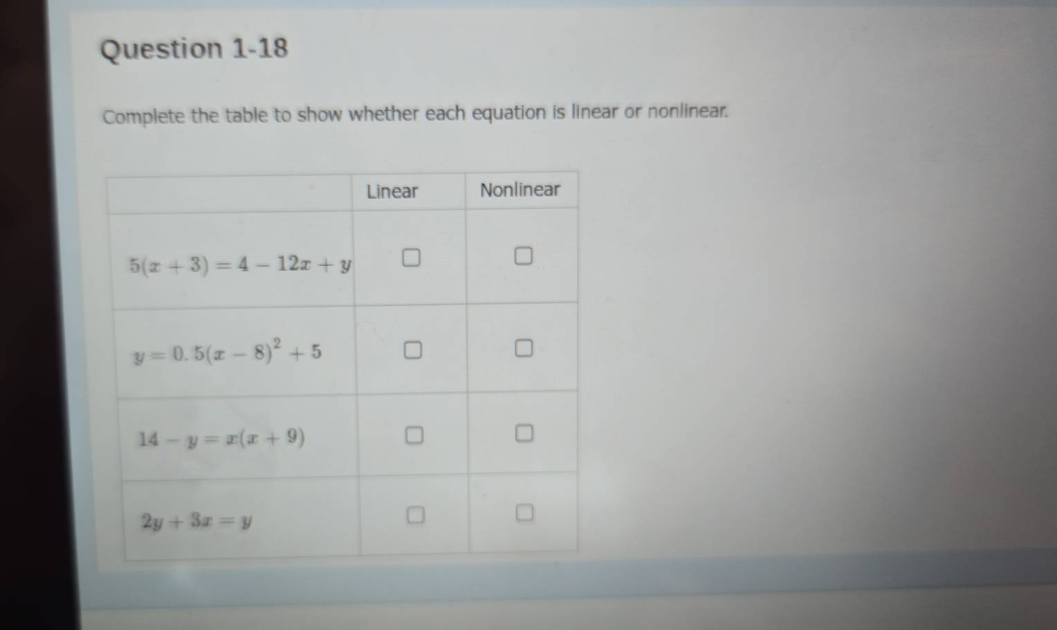 Complete the table to show whether each equation is linear or nonlinear.