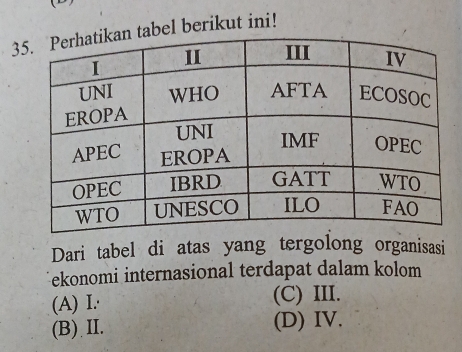 3tabel berikut ini!
Dari tabel di atas yang tergolong organisasi
ekonomi internasional terdapat dalam kolom
(A) I. (C) III.
(B) II. (D) IV.