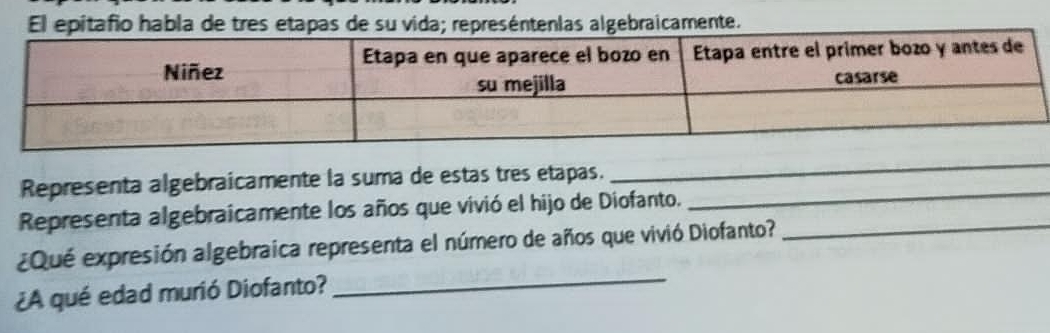 El epitafio habla de tres etapas de su vida; represéntenlas algebraicamente. 
Representa algebraicamente la suma de estas tres etapas._ 
_ 
Representa algebraicamente los años que vivió el hijo de Diofanto._ 
_ 
¿Qué expresión algebraica representa el número de años que vivió Diofanto? 
¿A qué edad murió Diofanto?