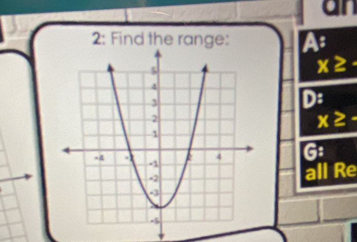 an
2: Find the range: A:
x≥ -
D:
x≥ -
G :
all Re