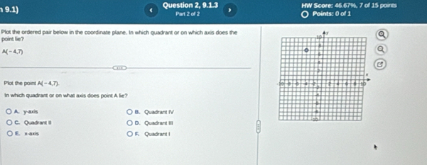 9.1) Question 2, 9.1.3 HW Score: 46.67%, 7 of 15 points
( Part 2 of 2
Points: 0 of 1
Plot the ordered pair below in the coordinate plane. In which quadrant or on which axis does the
point lie?
A(-4,7)
C
Plot the point A(-4,7). 
In which quadrant or on what axis does point A lie?
A. y-axis B. Quadrant IV
C. Quadrant II D. Quadrant III
E. x-axis F. Quadrant I