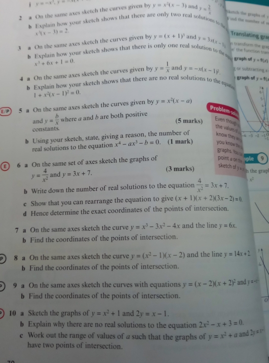 y=-x^3,y=-m
2 a On the same axes sketch the curves given by y=x^2(x-3) and y= 2/x  iketch the graphs ofy  and the number of s
b Explain how your sketch shows that there are only two real solutions to te
Translating gra
x^2(x-3)=2 the fnction to 
3 a On the same axes sketch the curves given by y=(x+1)^3 and y=3x(x-1) n transform the grap
b Explain how your sketch shows that there is only one real solution to the graph of y=f(x)
x^3+6x+1=0.
4 a On the same axes sketch the curves given by y= 1/x  and y=-x(x-1)^2. g or subtracting a
! graph of y=f(
b Explain how your sketch shows that there are no real solutions to the equn
74
1+x^2(x-1)^2=0.
6
E/P 5 a On the same axes sketch the curves given by y=x^2(x-a)

Problem so
and y= b/x  where a and b are both positive
(5 marks) Even thoup
constants.
the values d . -2 -10
-3
b Using your sketch, state, giving a reason, the number of know they an -1
real solutions to the equation x^4-ax^3-b=0 、 (1 mark) you know the .
graphs. You c
6 a On the same set of axes sketch the graphs of
point a on the sketch of ple 9
y= 4/x^2  and y=3x+7. (3 marks) x= h the grap
b Write down the number of real solutions to the equation  4/x^2 =3x+7. x^2
e Show that you can rearrange the equation to give (x+1)(x+2)(3x-2)=0.
d Hence determine the exact coordinates of the points of intersection.
7 a On the same axes sketch the curve y=x^3-3x^2-4x and the line y=6x.
b Find the coordinates of the points of intersection.
P) 8 a On the same axes sketch the curve y=(x^2-1)(x-2) and the line y=14x+2
b Find the coordinates of the points of intersection.

9 a On the same axes sketch the curves with equations y=(x-2)(x+2)^2 and y=-2
b Find the coordinates of the points of intersection.
0
10 a Sketch the graphs of y=x^2+1 and 2y=x-1.
b Explain why there are no real solutions to the equation 2x^2-x+3=0.
e Work out the range of values of a such that the graphs of y=x^2+a and 2y=x°
have two points of intersection.