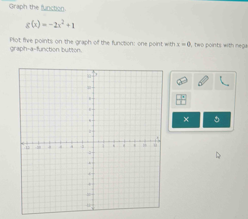 Graph the function.
g(x)=-2x^2+1
Plot five points on the graph of the function: one point with x=0 two points with nega 
graph-a-function button. 
×