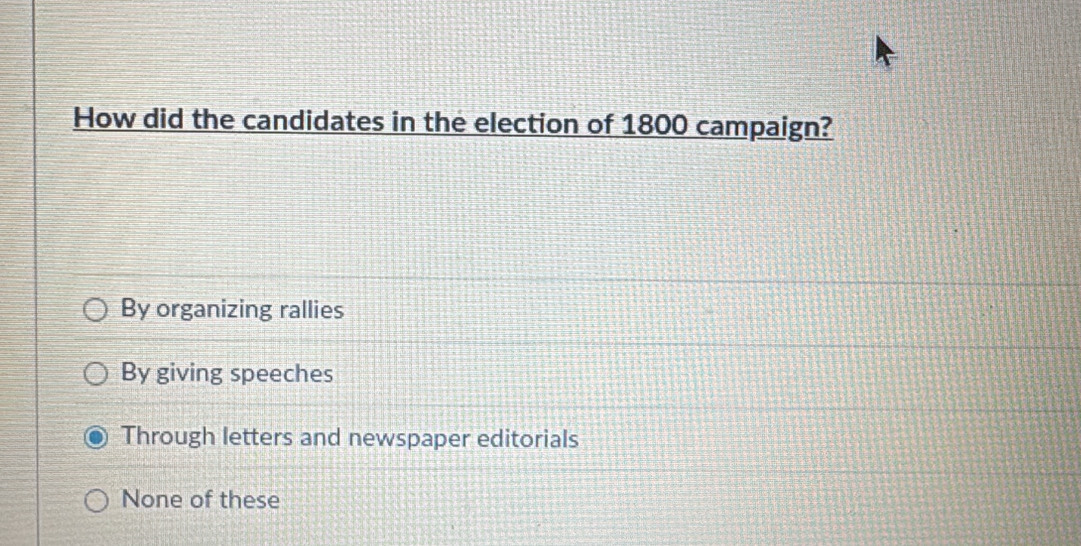 How did the candidates in the election of 1800 campaign?
By organizing rallies
By giving speeches
Through letters and newspaper editorials
None of these