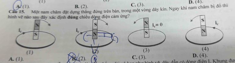 (1)
A. (1). B. (2). C. (3). D. (4).
Cầu 15. Một nam châm đặt dựng thăng đứng trên bàn, trong một vòng dây kín. Ngay khi nam châm bị đồ thi
hình vẽ nào sau đây xác địnng điện cảm

A. (1). B. (2). B C. (3).
D. (4).
đã   dây dẫn có dòng điện I. Khung đư