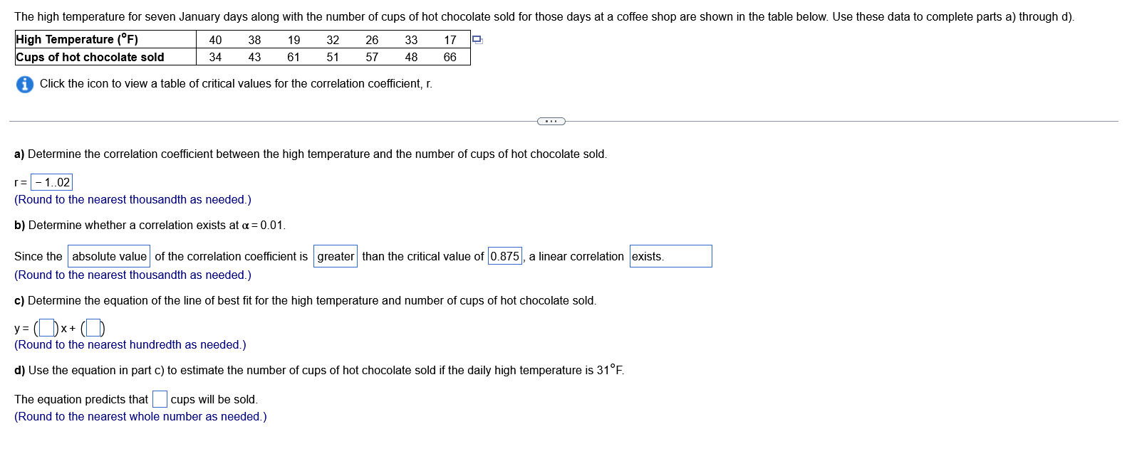 The high temperature for seven January days along with the number of cups of hot chocolate sold for those days at a coffee shop are shown in the table below. Use these data to complete parts a) through d).
Click the icon to view a table of critical values for the correlation coefficient, r.
a) Determine the correlation coefficient between the high temperature and the number of cups of hot chocolate sold.
r=-1.02
(Round to the nearest thousandth as needed.)
b) Determine whether a correlation exists at alpha =0.01.
Since the   absolute value  of the correlation coefficient is greater than the critical value of 0.875, , a linear correlation exists.
(Round to the nearest thousandth as needed.)
c) Determine the equation of the line of best fit for the high temperature and number of cups of hot chocolate sold.
y=(□ )x+(□ )
(Round to the nearest hundredth as needed.)
d) Use the equation in part c) to estimate the number of cups of hot chocolate sold if the daily high temperature is 31°F.
The equation predicts that □ . cups will be sold.
(Round to the nearest whole number as needed.)