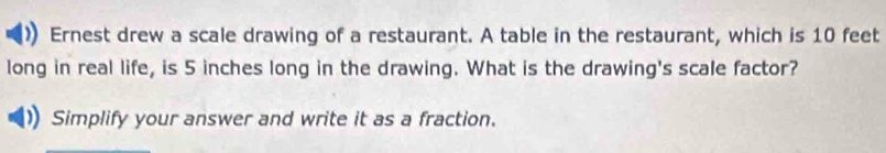 Ernest drew a scale drawing of a restaurant. A table in the restaurant, which is 10 feet
long in real life, is 5 inches long in the drawing. What is the drawing's scale factor? 
Simplify your answer and write it as a fraction.