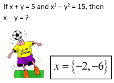 If x+y=5 and x^2-y^2=15 , then
x-y= ?
x= -2,-6