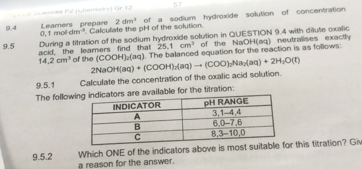 hsical Sciences P2 (Chemistry) Gr 12 57 
9.4 Learners prepare 2dm^3 of a sodium hydroxide solution of concentration
0,1mol· dm^(-3). Calculate the pH of the solution. 
9.5 During a titration of the sodium hydroxide solution in QUESTION 9.4 with dilute oxalic 
acid, the learners find that 25, 1cm^3 of the NaOH(aq) neutralises exactly
14,2cm^3 of the (COOH)_2(aq). The balanced equation for the reaction is as follows: 
9.5.1 Calculate the concentration of the oxalic acid solution. 2NaOH(aq)+(COOH)_2(aq)to (COO)_2Na_2(aq)+2H_2O(ell )
The followilable for the titration: 
9.5.2 Which ONE of the indicators abover this titration? Giv 
a reason for the answer.