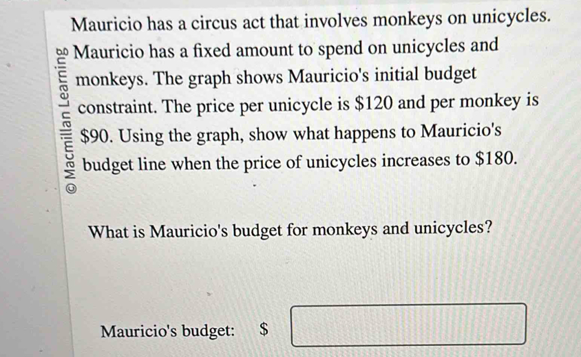 Mauricio has a circus act that involves monkeys on unicycles. 
Mauricio has a fixed amount to spend on unicycles and 
monkeys. The graph shows Mauricio's initial budget 
constraint. The price per unicycle is $120 and per monkey is
$90. Using the graph, show what happens to Mauricio's 
budget line when the price of unicycles increases to $180. 
What is Mauricio's budget for monkeys and unicycles? 
Mauricio's budget: $