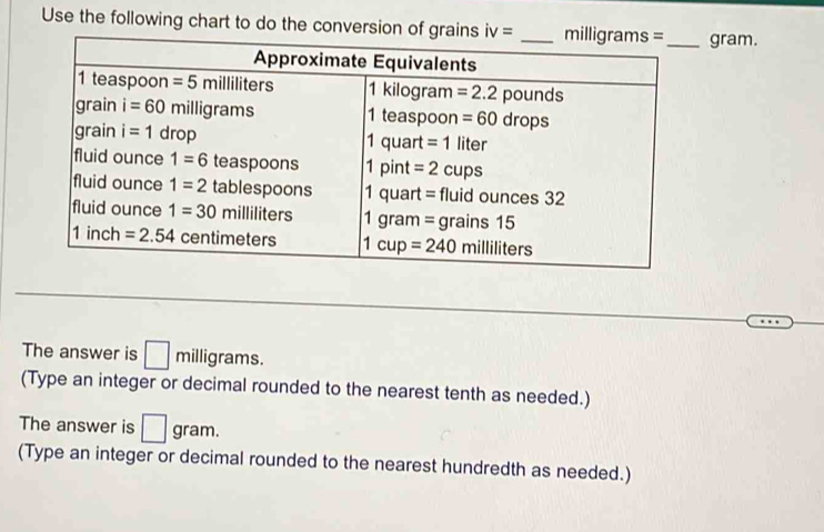 Use the following chart to do the conversion of grains iv= _gram.
The answer is □ milligrams.
(Type an integer or decimal rounded to the nearest tenth as needed.)
The answer is □ gram.
(Type an integer or decimal rounded to the nearest hundredth as needed.)