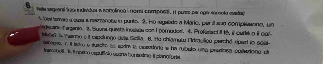 Nelle seguenti frasi individua e sottolinea i nomi composti. (1 punto per ogni risposta esatta) 
1. Devi tomare a casa a mezzanotte in punto. 2. Ho regalato a Mario, per il suo compleanno, un 
agliacarte d'argento. 3. Buona questa insalata con i pomodori. 4. Preferisci il tè, il caffè o il caf- 
fellatte? 5. Palermo è il capoluogo della Sicilia. 6. Ho chiamato l'idraulico perché ripari lo scal- 
dabagno. 7. Il ladro è riuscito ad aprire la cassaforte e ha rubato una preziosa collezione di 
francobolli. 8. II nostro capufficio suona benissimo II pianoforte.