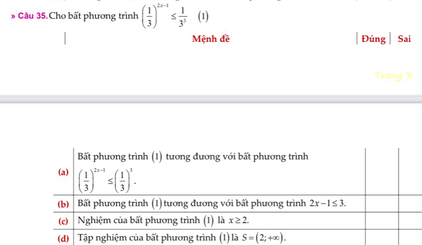 Cho bất phương trình ( 1/3 )^2x-1≤  1/3^3  (1)
Mệnh đề │Đúng | Sai
Trang 3