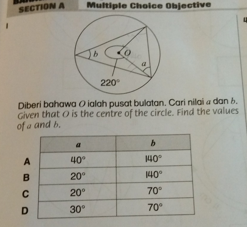 Objective
u
Diberi bahawa O ialah pusat bulatan. Cari nilai a dan 6.
Given that O is the centre of the circle. Find the values
of a and b.
D