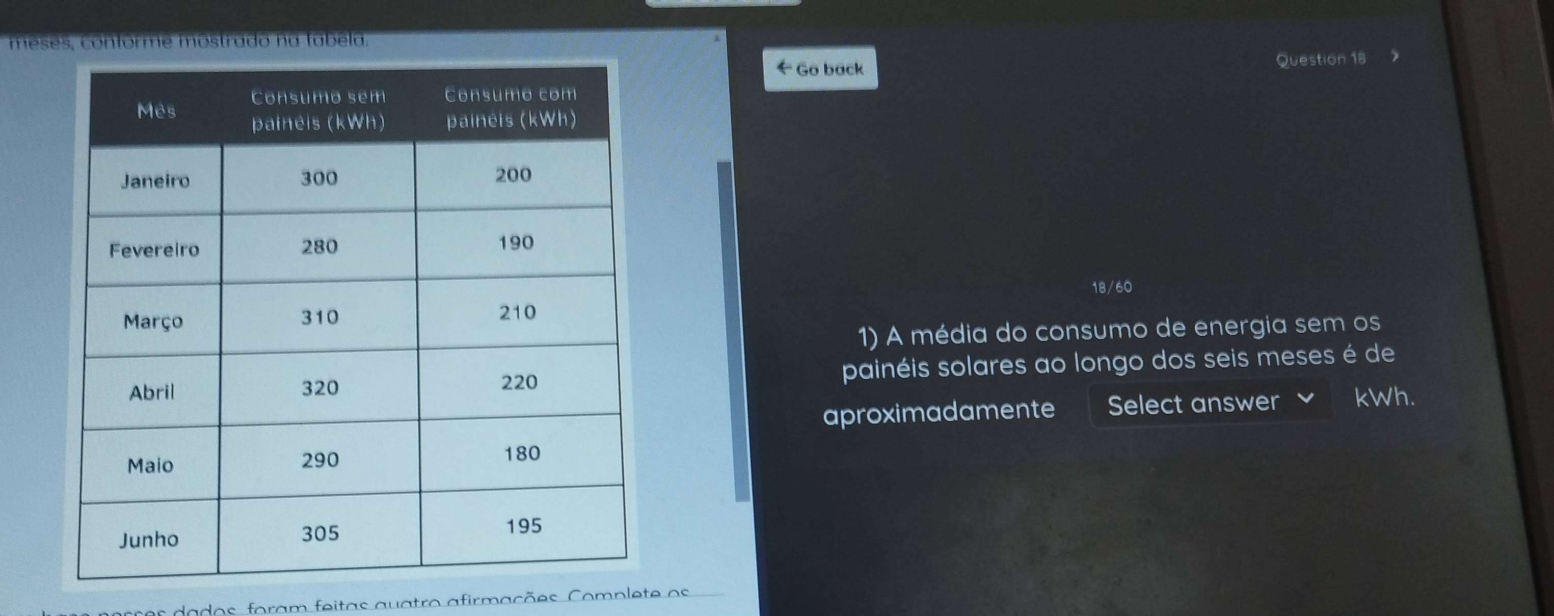 meses, conforme mostrado na tabela. 
* Go back 
Question 18 
18/60 
1) A média do consumo de energia sem os 
painéis solares ao longo dos seis meses é de 
aproximadamente Select answer kWh. 
s s da dos foram feitas auatro afirmações Complete o s