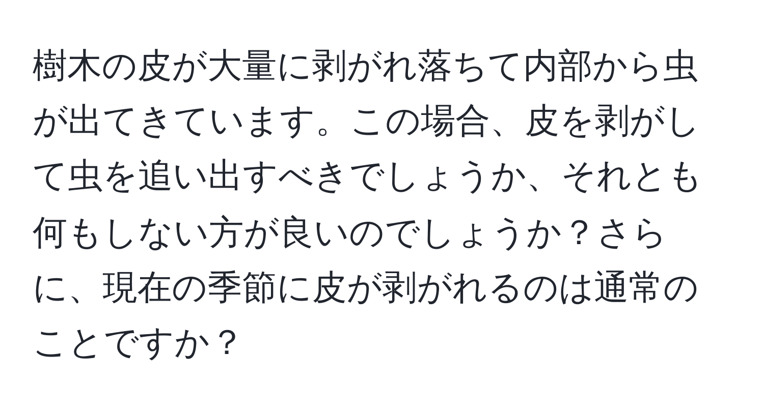 樹木の皮が大量に剥がれ落ちて内部から虫が出てきています。この場合、皮を剥がして虫を追い出すべきでしょうか、それとも何もしない方が良いのでしょうか？さらに、現在の季節に皮が剥がれるのは通常のことですか？