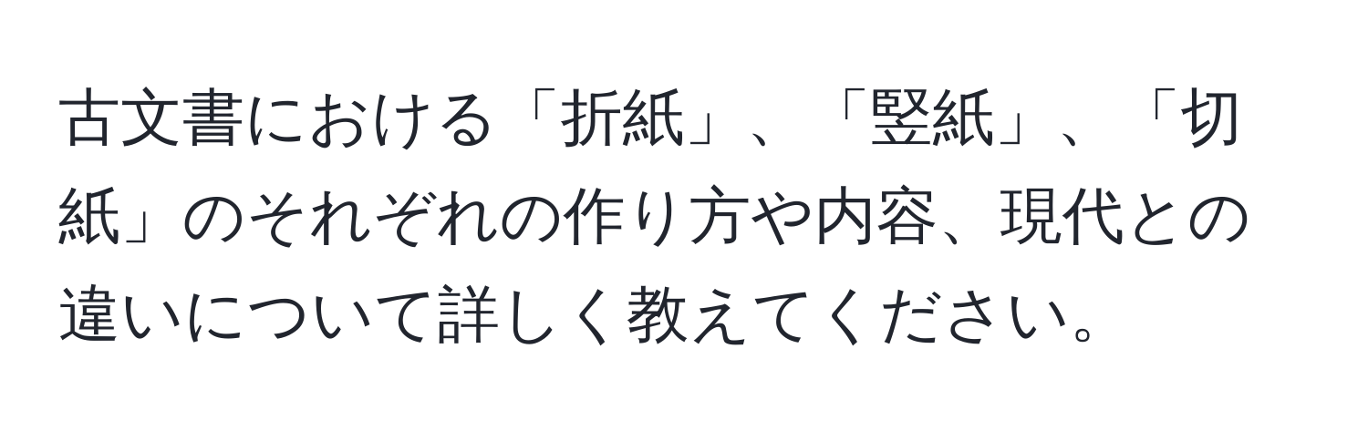 古文書における「折紙」、「竪紙」、「切紙」のそれぞれの作り方や内容、現代との違いについて詳しく教えてください。