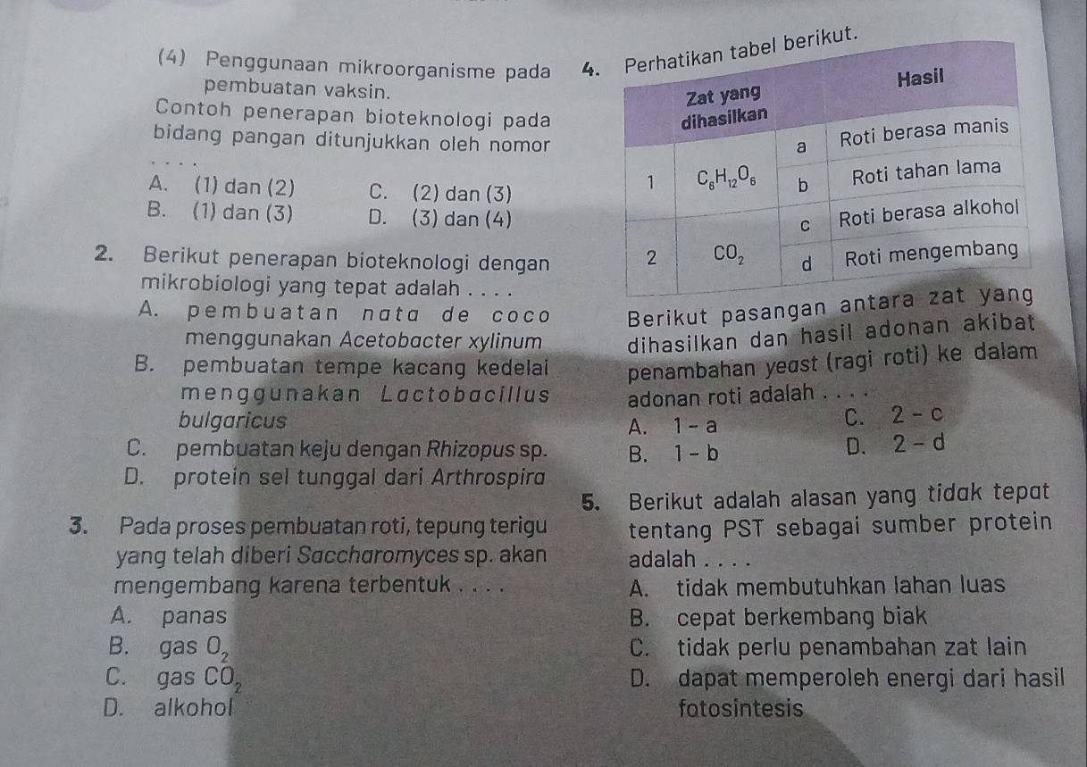 (4) Penggunaan mikroorganisme pada 4kut.
pembuatan vaksin.
Contoh penerapan bioteknologi pada
bidang pangan ditunjukkan oleh nomor
A. (1) dan (2) C. (2)dan (3)
B. (1) dan (3) D. (3) dan (4)
2. Berikut penerapan bioteknologi dengan
mikrobiologi yang tepat adalah . . . .
A. p emb u at an nɑtɑ d e coco Berikut pasangan a
menggunakan Acetobacter xylinum dihasilkan dan hasil adonan akibat
B. pembuatan tempe kacang kedelai penambahan yeɑst (ragi roti) ke dałam
menggunakan Lactobacillus adonan roti adalah . . . .
bulgaricus 1-a
A.
C. 2-c
C. pembuatan keju dengan Rhizopus sp. B. 1-b
D. 2-d
D. protein sel tunggal dari Arthrospird
5. Berikut adalah alasan yang tidɑk tept
3. Pada proses pembuatan roti, tepung terigu tentang PST sebagai sumber protein
yang telah diberi Saccharomyces sp. akan adalah . . . .
mengembang karena terbentuk . . . . A. tidak membutuhkan lahan luas
A. panas B. cepat berkembang biak
B. gasO_2 C. tidak perlu penambahan zat lain
C. gasCO_2 D. dapat memperoleh energi dari hasil
D. alkohol fotosintesis