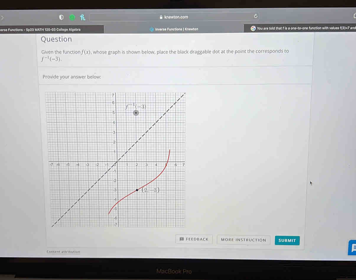 knewton.com
verse Functions - Sp23 MATH 120-03 College Algebra Inverse Functions | Knewton € You are told that f is a one-to-one function with values f(3)=7 and
Question
Given the function f(x) , whose graph is shown below, place the black draggable dot at the point the corresponds to
f^(-1)(-3).
Provide your answer below:
FEEDBACK MORE INSTRUCTION SUBMIT
Content attribution
MacBook Pro