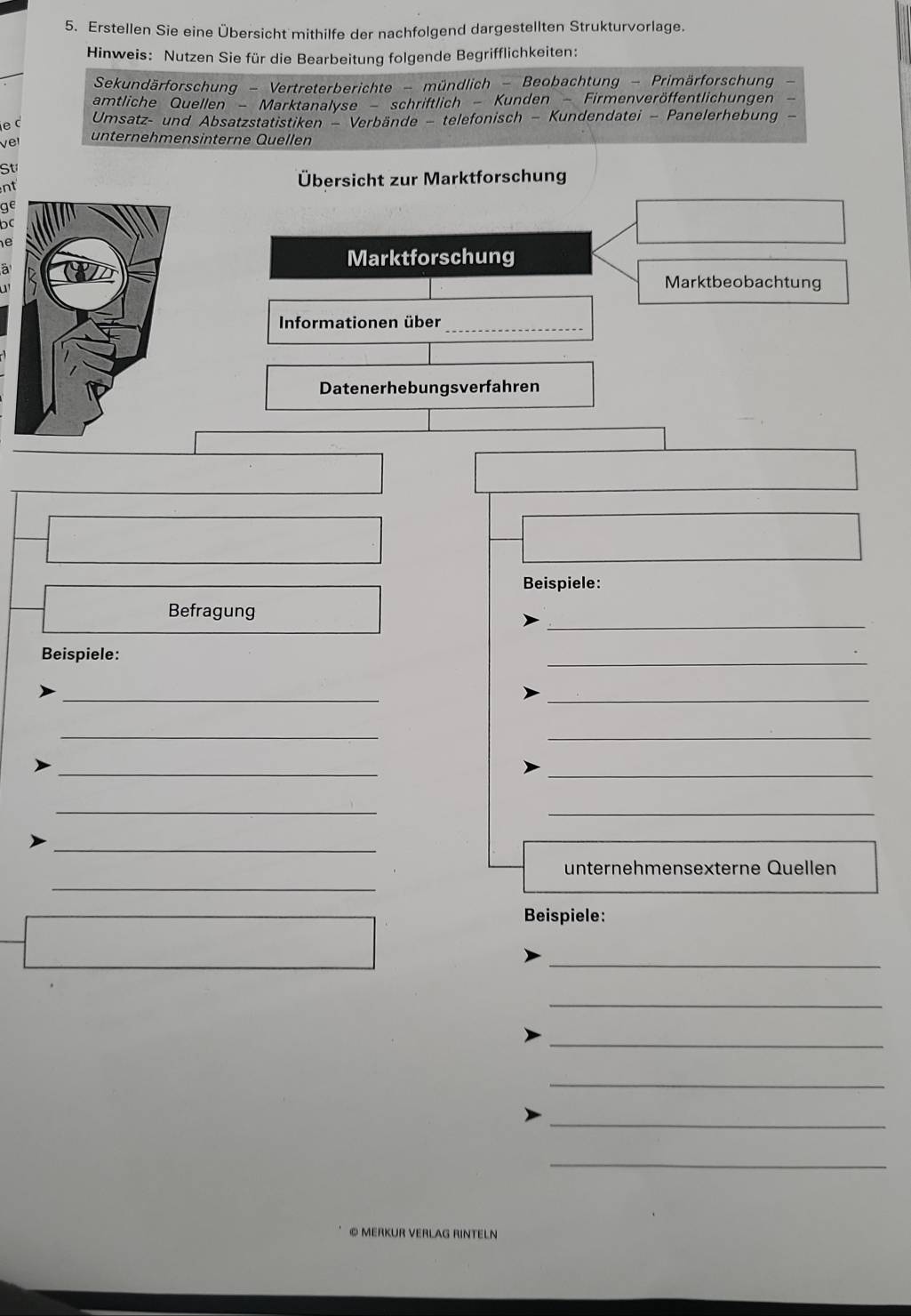 Erstellen Sie eine Übersicht mithilfe der nachfolgend dargestellten Strukturvorlage. 
Hinweis: Nutzen Sie für die Bearbeitung folgende Begrifflichkeiten: 
Sekundärforschung - Vertreterberichte - mündlich - Beobachtung - Primärforschung - 
amtliche Quellen - Marktanalyse - schriftlich - Kunden - Firmenveröffentlichungen 
ec Umsatz- und Absatzstatistiken - Verbände - telefonisch - Kundendatei - Panelerhebung - 
v unternehmensinterne Quellen 
St 
nt 
Übersicht zur Marktforschung 
ge 
a 
Marktforschung 
Marktbeobachtung 
Informationen über_ 
Datenerhebungsverfahren 
Beispiele: 
_ 
Befragung 
Beispiele: 
_ 
_ 
_ 
_ 
_ 
__ 
_ 
_ 
_ 
_ 
unternehmensexterne Quellen 
Beispiele: 
_ 
_ 
_ 
_ 
_ 
_ 
© MERKUR VERLAG RINTELN