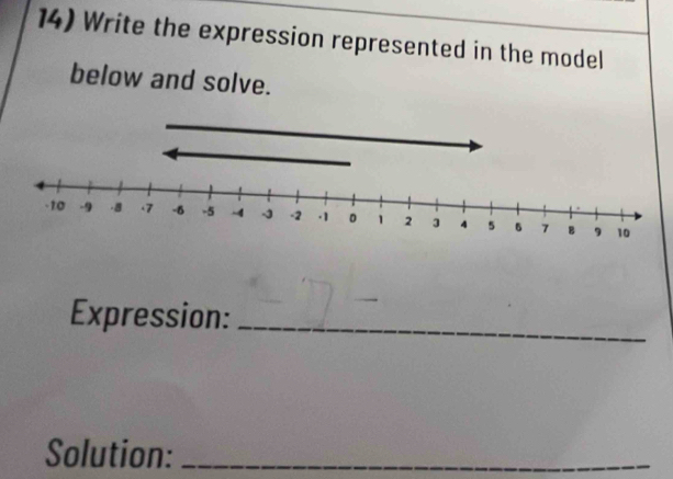 Write the expression represented in the model 
below and solve. 
Expression:_ 
Solution:_