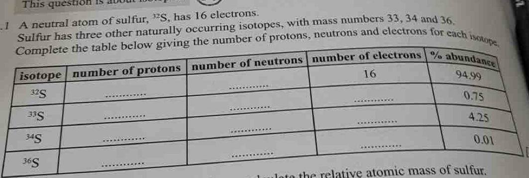 This question is abot
1 A neutral atom of sulfur, ^32S , has 16 electrons.
Sulfur has three other naturally occurring isotopes, with mass numbers 33, 34 and 36.
umber of protons, neutrons and electrons for each isot
th e  relative atomic m.