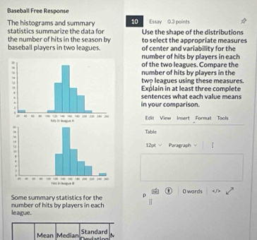 Baseball Free Response 
The histograms and summary 10 Essay 0.3 points 
statistics summarize the data for Use the shape of the distributions 
the number of hits in the season by to select the appropriate measures 
baseball players in two leagues. of center and variability for the 
number of hits by players in each 
of the two leagues. Compare the 
number of hits by players in the 
two leagues using these measures. 
Explain in at least three complete 
sentences what each value means 
in your comparison. 
Edit View Insert Format Tools 
Table 
12pt Paragraph : 
Some summary statistics for the p O words 
number of hits by players in each 
league. 
Standard 
Mean Median Deviation