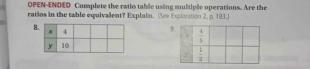 OPEN-ENDED Complete the ratio table using multiple operations. Are the
ratios in the table equivalent? Explain. (See Exploration 2, p. 183.)
9
8