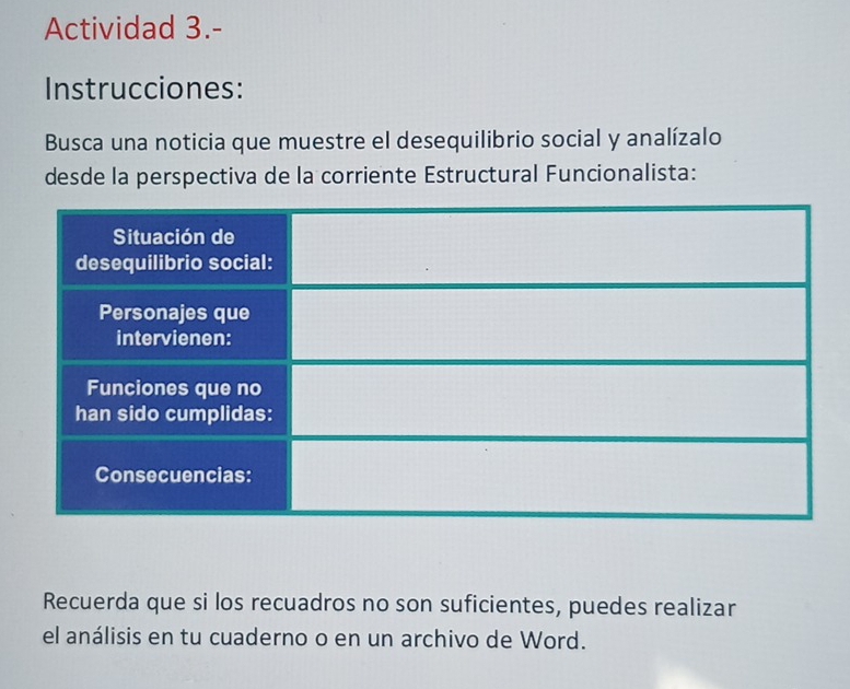 Actividad 3.- 
Instrucciones: 
Busca una noticia que muestre el desequilibrio social y analízalo 
desde la perspectiva de la corriente Estructural Funcionalista: 
Recuerda que si los recuadros no son suficientes, puedes realizar 
el análisis en tu cuaderno o en un archivo de Word.