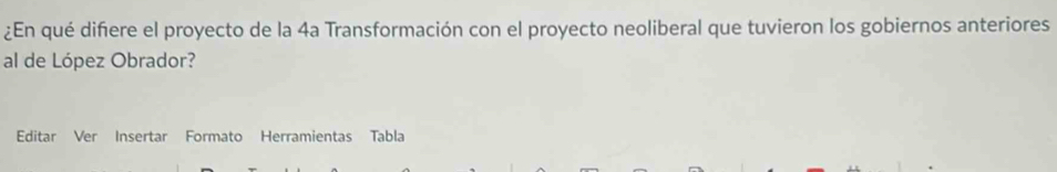 ¿En qué difiere el proyecto de la 4a Transformación con el proyecto neoliberal que tuvieron los gobiernos anteriores 
al de López Obrador? 
Editar Ver Insertar Formato Herramientas Tabla