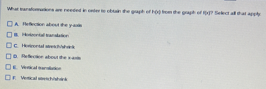 What transformations are needed in order to obtain the graph of h(x) from the graph of f(x) ? Select all that apply.
A. Reflection about the y-axis
B. Horizontal translation
C. Horizontal stretch/shrink
D. Reflection about the x-axis
E. Vertical translation
F. Vertical stretch/shrink