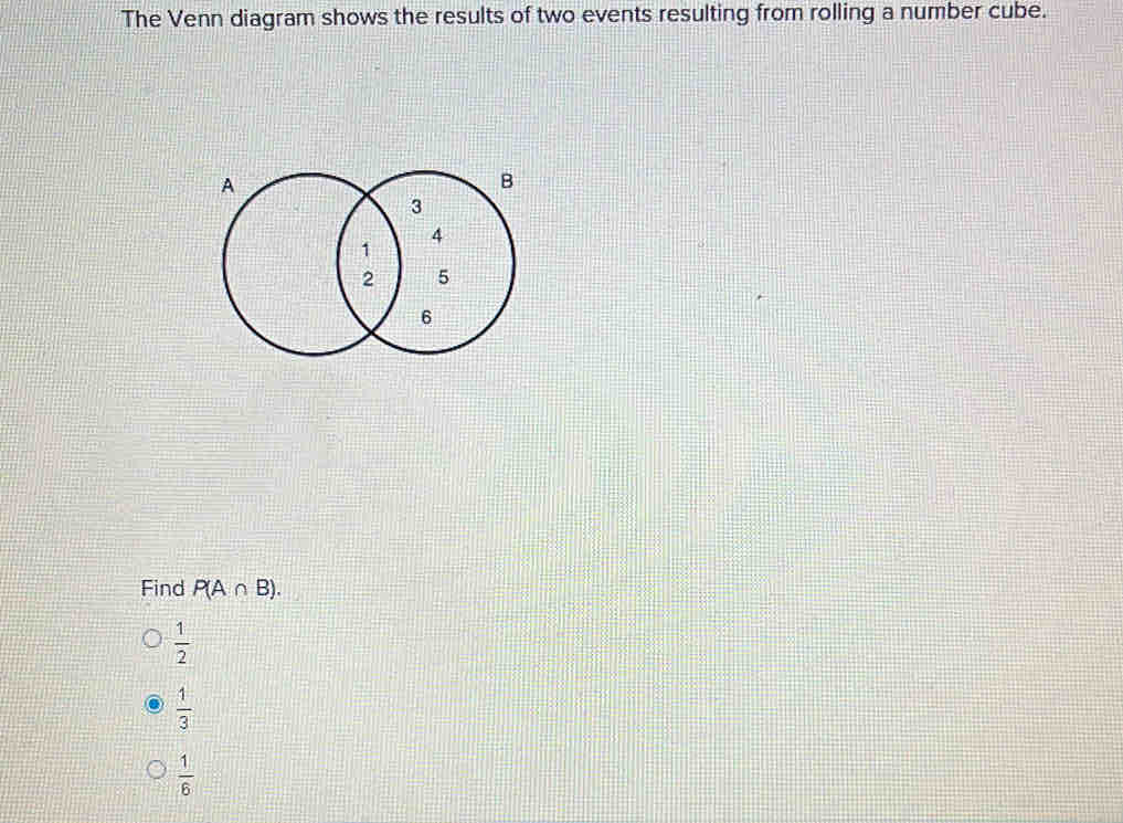 The Venn diagram shows the results of two events resulting from rolling a number cube.
Find P(A∩ B).
 1/2 
 1/3 
 1/6 