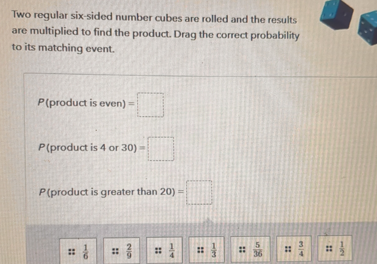 Two regular six-sided number cubes are rolled and the results a
are multiplied to find the product. Drag the correct probability
to its matching event.
P(product is even) =□
P (product is 4 or 30) =□
P(product is greater than 20) ) =□
 1/6 
 2/9 
 1/4 
 1/3 
 5/36  ::  3/4   1/2 