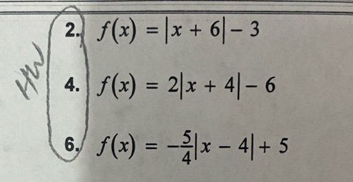 f(x)=|x+6|-3
4. f(x)=2|x+4|-6
6. f(x)=- 5/4 |x-4|+5