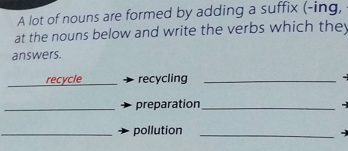 A lot of nouns are formed by adding a suffix (-ing, 
at the nouns below and write the verbs which they 
answers. 
recycle _recycling _- 
_preparation_ 
_pollution_