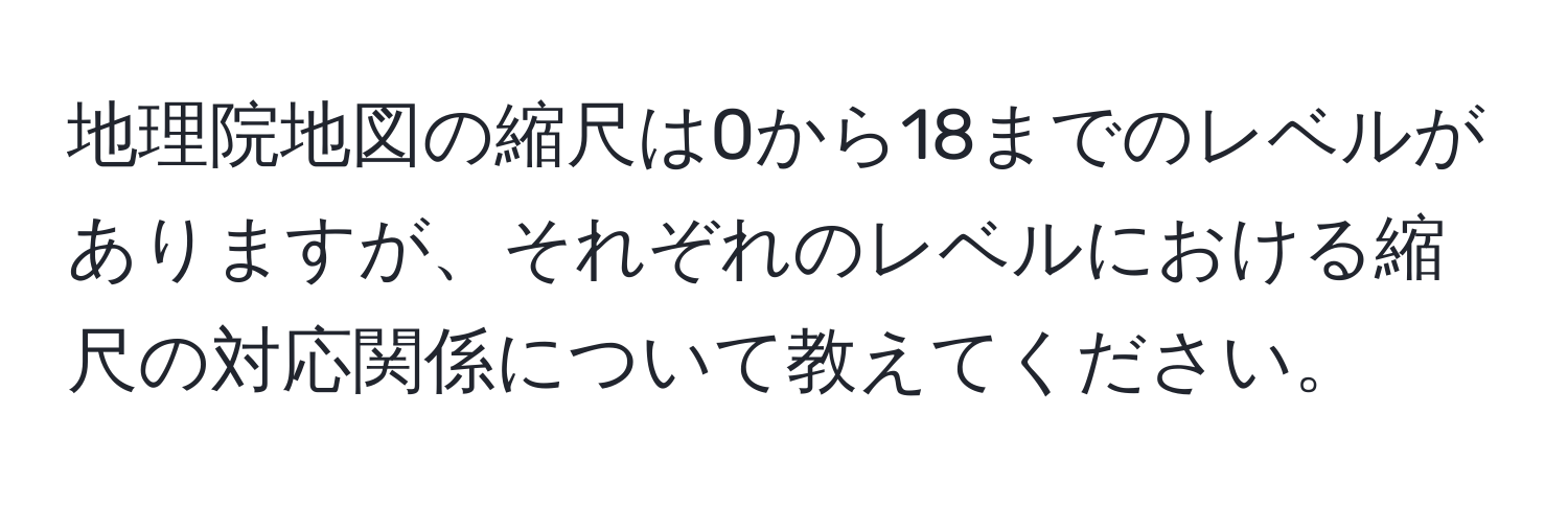 地理院地図の縮尺は0から18までのレベルがありますが、それぞれのレベルにおける縮尺の対応関係について教えてください。